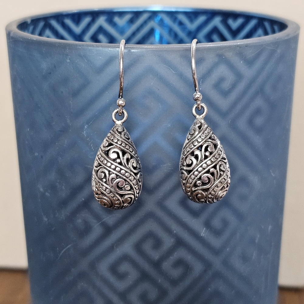 ATI Teardrop 925 Silver Filigree Drop Earrings Bali - Picture 2 of 16